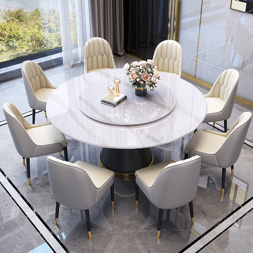Light luxury glossy slate round table hotel restaurant large round table induction cooker with turntable dining table round dining table and chairs combination