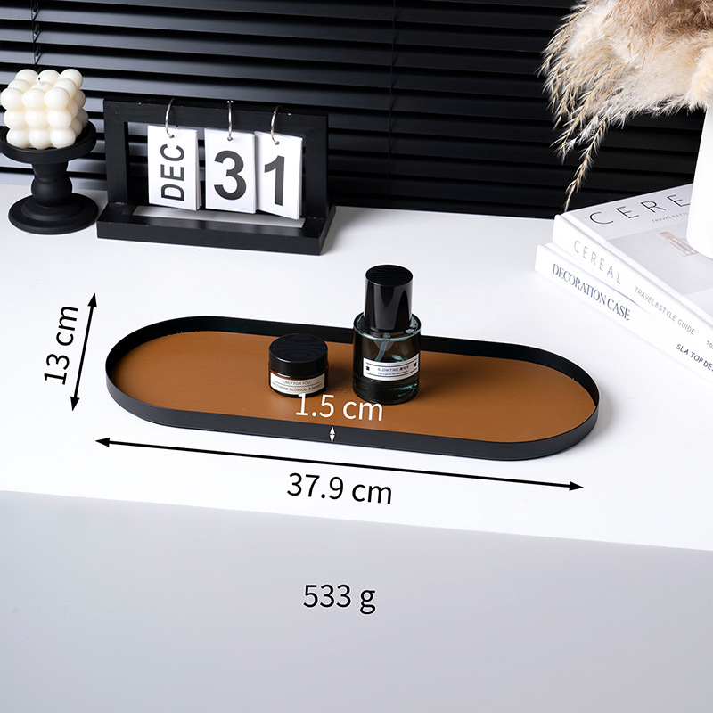 Ornamentación de metal creativa bandeja de decoración de escritorio bandeja de almacenamiento puerta de entrada bandeja de almacenamiento de cuero oblonga