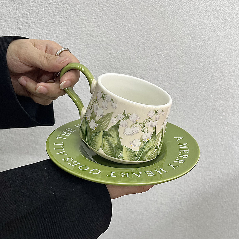 复古油画铃兰花咖啡杯碟套装轻奢陶瓷杯子小众拿铁杯下午茶花茶杯|undefined