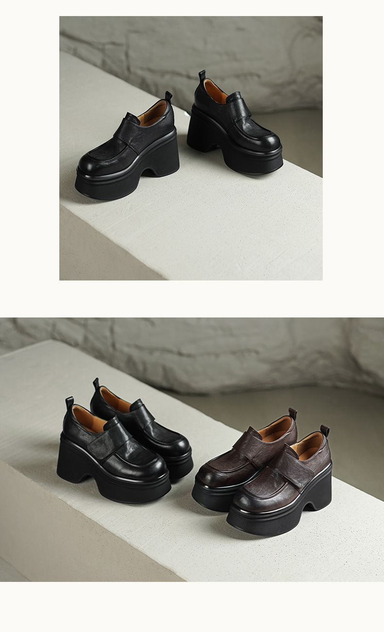 Giày loafer nữ đế xuồng cao gót 9 cm, da bò thật, quai dán tiện lợi — màu nâu, màu đen chi tiết 6