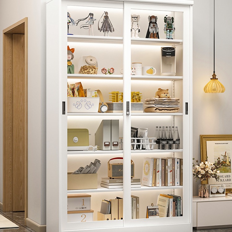 Study Light Luxury Sliding Door Bookcase Living Room Glass Door Display Cabinet Iron Children's Bookshelf Floor Storage Cabinet