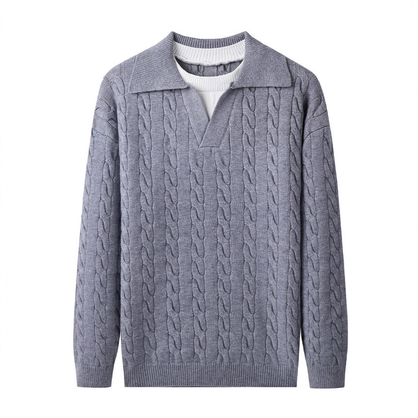 Retro falso de dos piezas con la solapa suéter hombre otoño invierno suelto y cálido trenzado camiseta de punto casual suéter casual