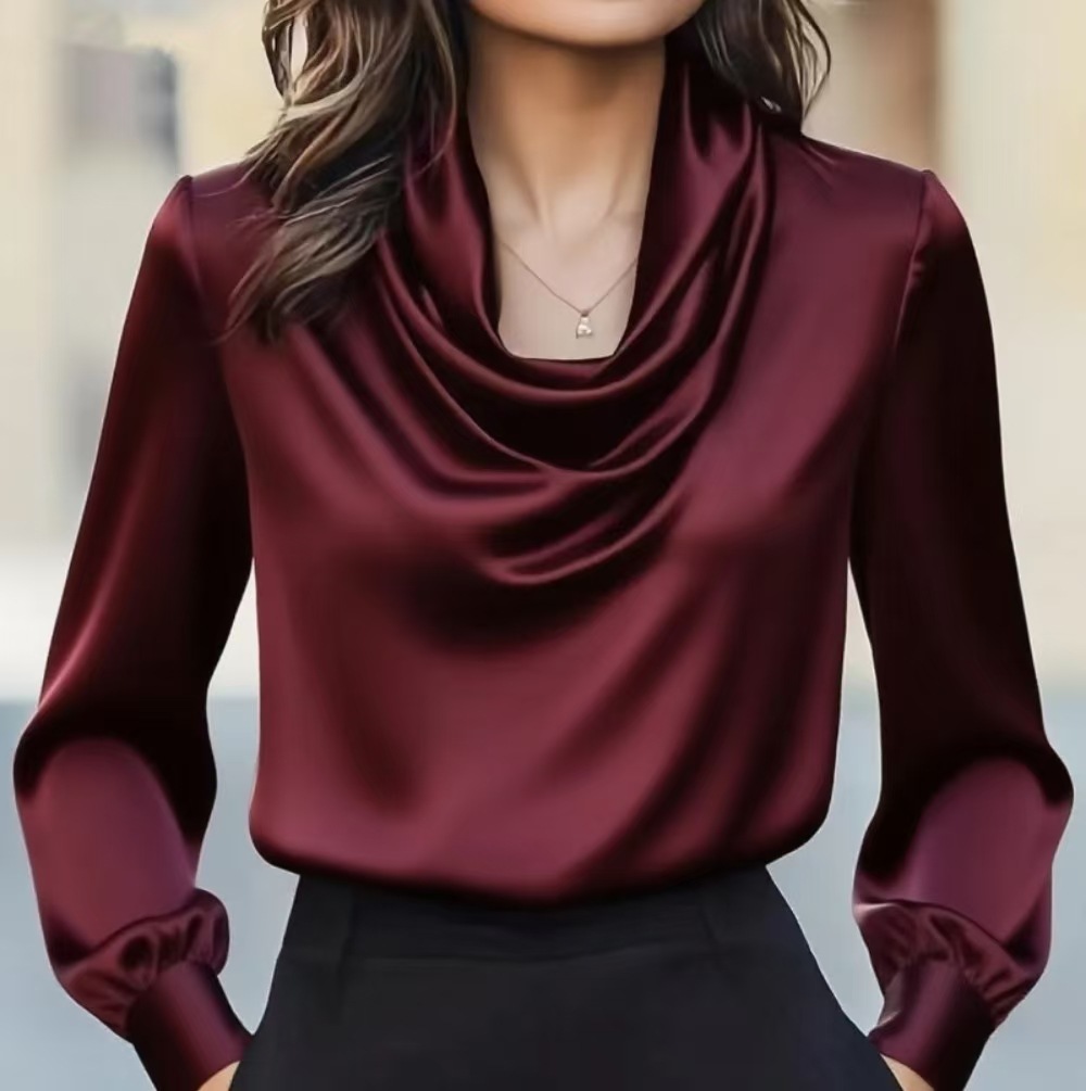 Elegant Drape Neck Long Sleeve Blouse - Autumn Fashion Pure Color Minimalist Shirt For Women, Office & Casual Wear (Black/White/Wine/Coffee, S-XXL)​_ecoleips.com