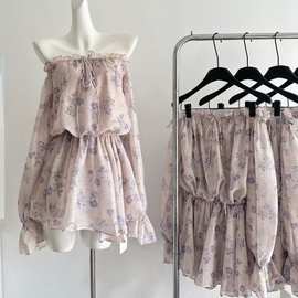 碎花一字肩连衣裙女2025日韩休闲新款春夏宽松仙女气系带A字裙子