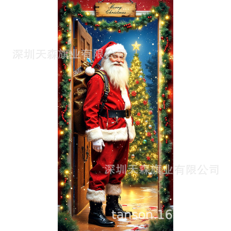 跨境爆款亚马逊圣诞节门盖旗帜雪人圣诞树真实感门套圣诞毛球花边|undefined