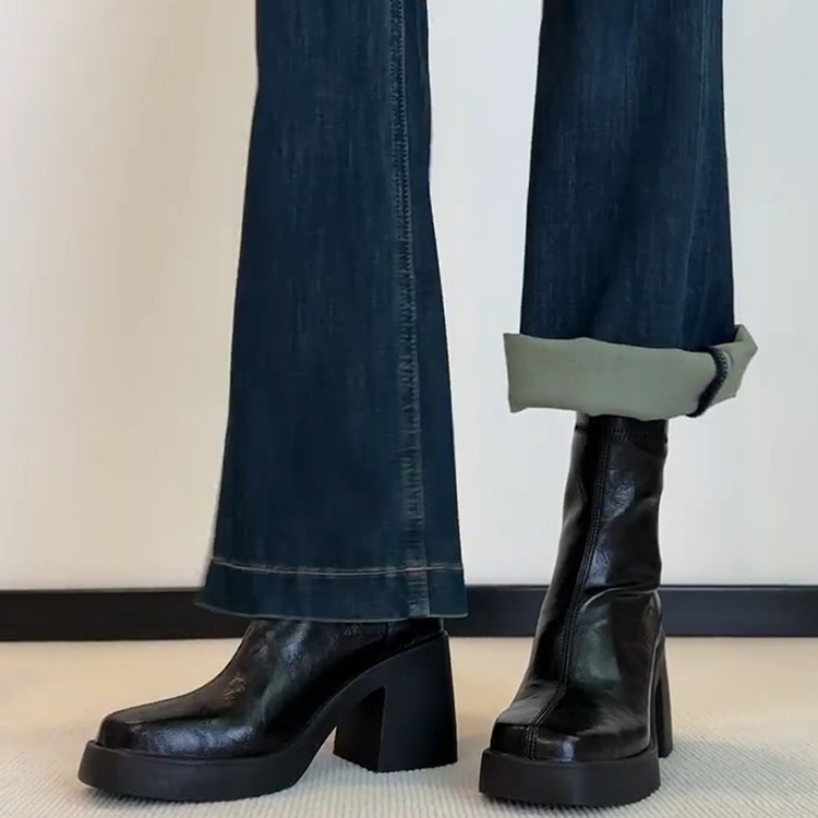 Soft Leather Version ~ Height-Increasing Fleece-Lined Short For Petite Women, High Heels, Chunky Heel Martin Boots,_voghion.com