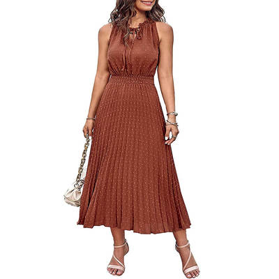 Cross-border Foreign Trade Amazon Women's Mid-length Dress Casual V-neck Swiss Dot Pleated A- line Beach Dress