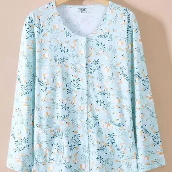 Middle-Aged and Elderly Women's Long-Sleeved Cotton Cardigan, Loose-Fitting Pajamas for Mothers, Button-Down Home Wear, Air-Conditioning Shirt for Women