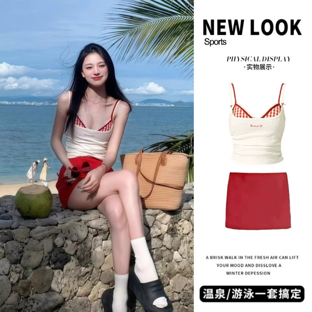 Комплект бикини оптом: новый стиль, женский, высококачественный, юбочный фасон, комплект из четырех предметов с длинными рукавами для отпуска и пляжа, купальник из двух частей.