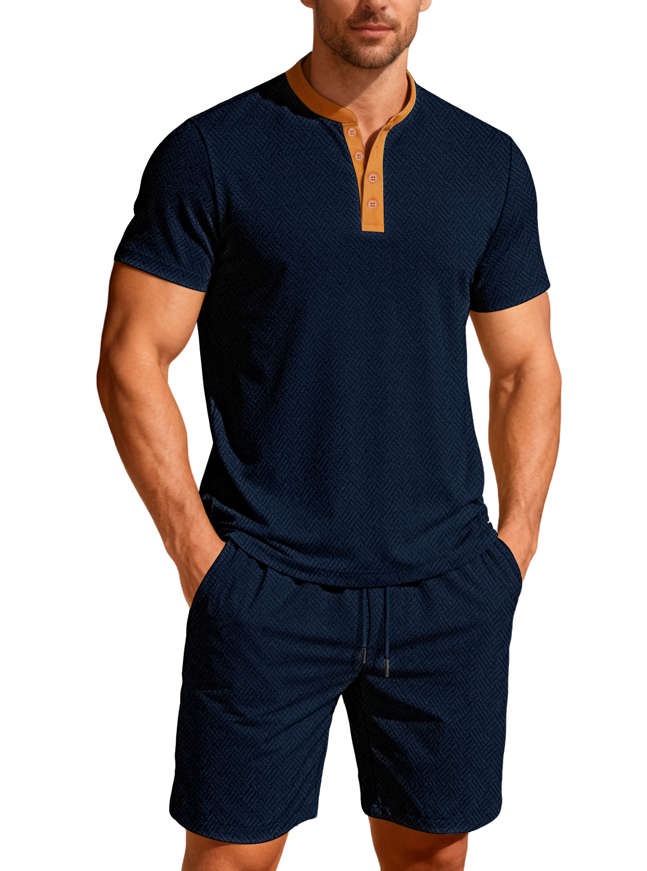 Nuevo comercio exterior transfronterizo de Europa y América verano hombre casual color redondo botón de cuello corto manga corta moda pantalones cortos hombre conjunto