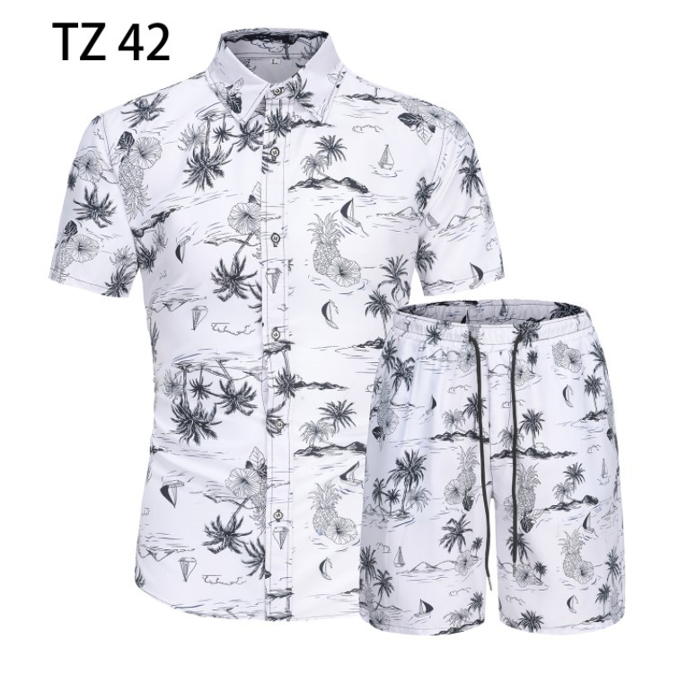 남성 대외 무역 국경 남성 유럽 사이즈 인쇄 반팔 셔츠 반바지 투피스 남성 캐주얼 해변 여행 정장