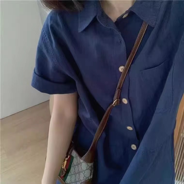 Đầm sơ mi suông tay ngắn thiết kế độc đáo dáng thẳng — màu xanh hải quân chi tiết 4