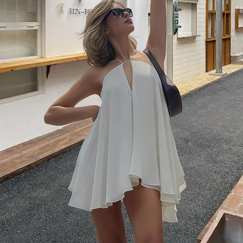 Women's Sexy Deep V Neck Backless Halter Neck Loose A-Line Dress European American Style 2025 Cross Strap Dress_ecoleips.com