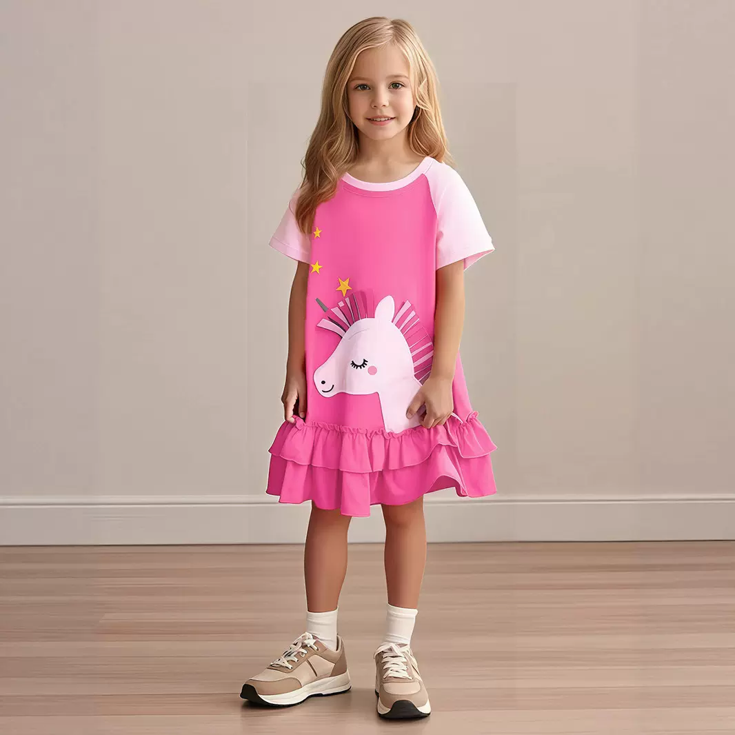 欧美可爱儿童连衣裙夏季短袖女童裙子纯棉卡通短袖独角兽贴布童裙