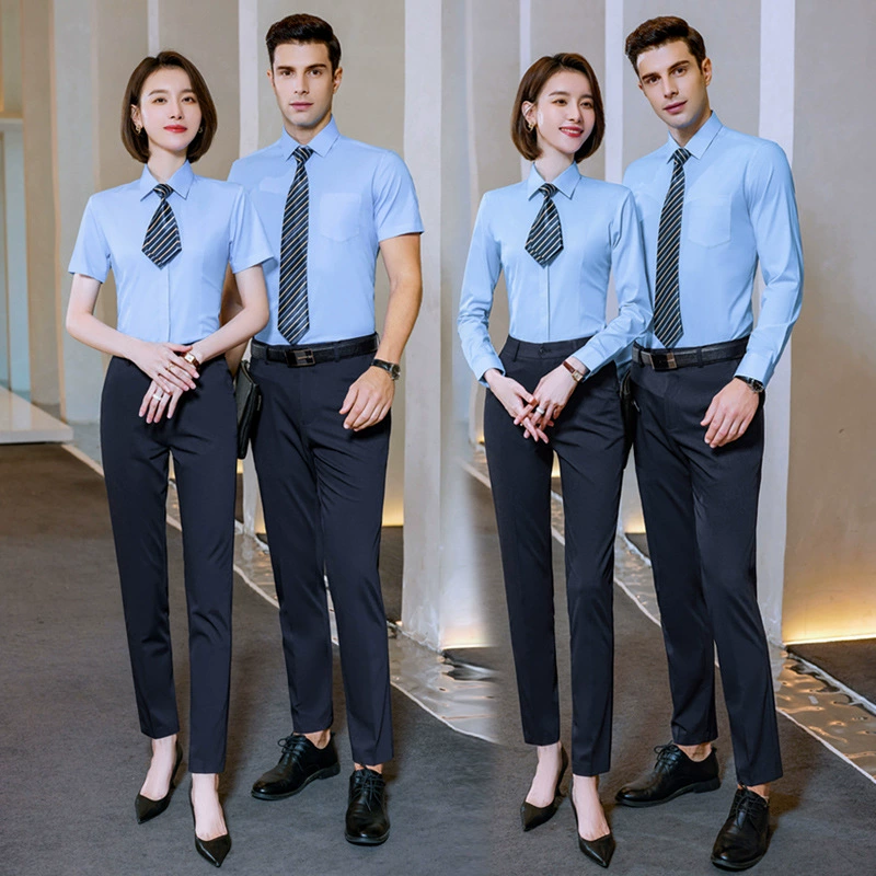 Белая рубашка с длинными рукавами из трех материалов, Женский Осенний карьерный костюм, синий мужской комбинезон, официальная рубашка, вышитый на заказ логотип