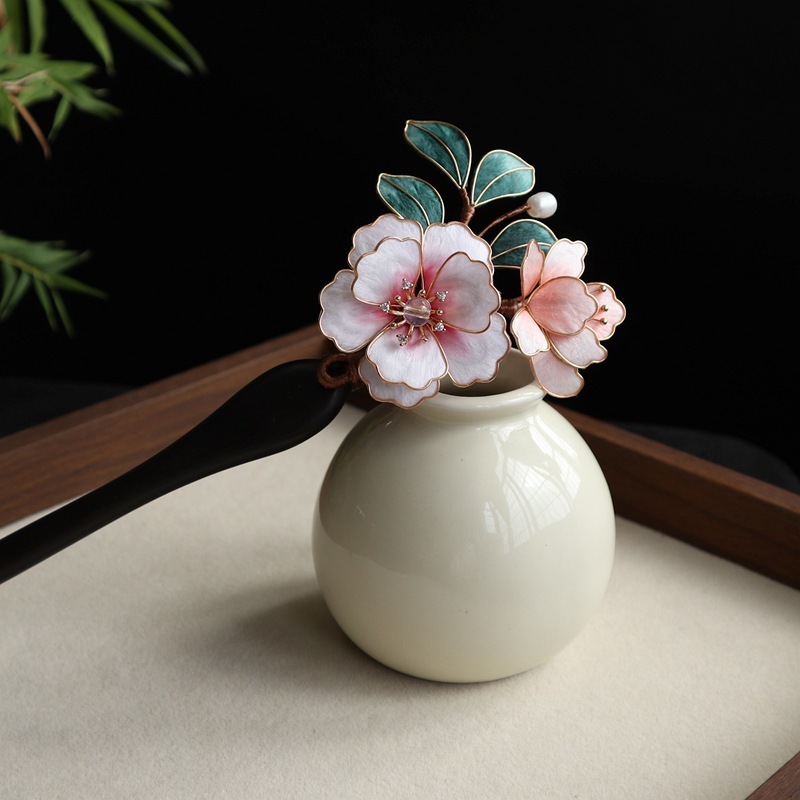 古风手工蚕丝绒花檀木发簪日常汉服旗袍盘发百搭发簪成品|undefined