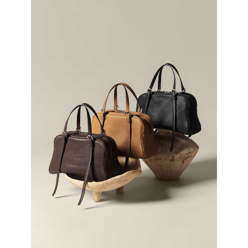 New Vegetable-Tanned Leather Luxury Bowling Bag For Women - Spring Retro Large Capacity Commuter Shoulder Handbag - Thumbnail 2