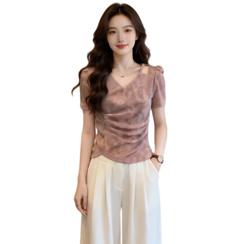 Áo thun cổ chữ V tay ngắn nữ thiết kế eo, che khuyết điểm — Màu hồng chi tiết 5