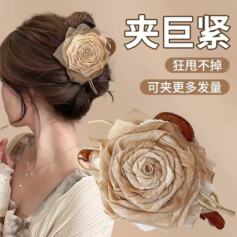 French Retro Dried Flower Rose Grab Clip Maillard Back Head Large Shark Clip Women's Hairpin New Headwear Factory