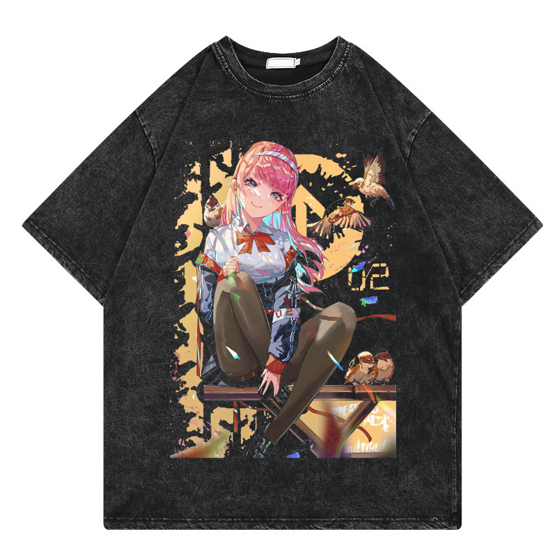 Washed retro T-shirt Street hip-hop animation FranXX cartoon print…