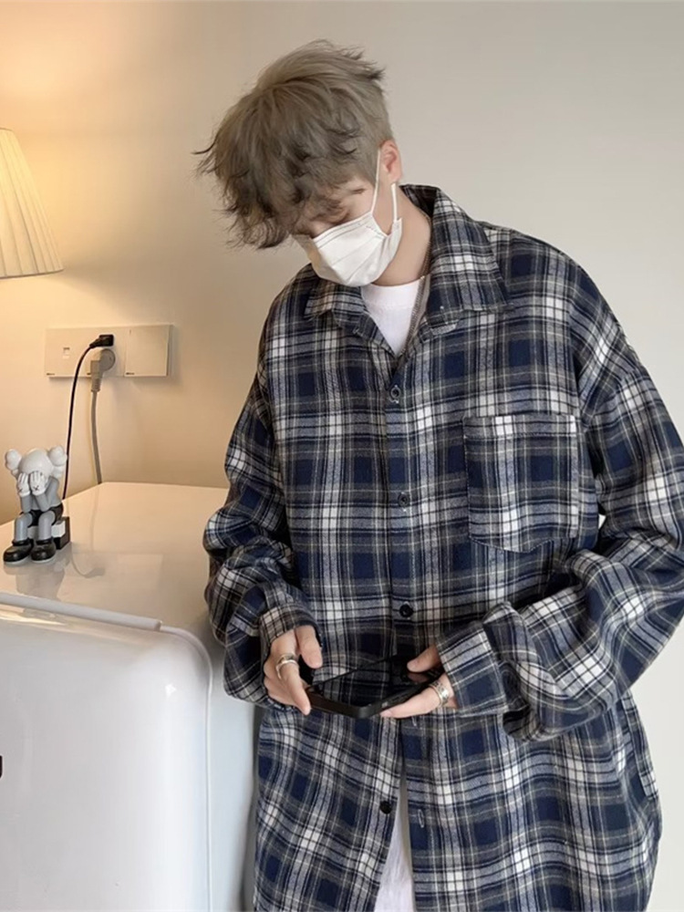 Camisa a cuadros japonesa de manga larga para hombres otoño nueva moda versátil juvenil casual ropa de trabajo suelta camisa chaqueta