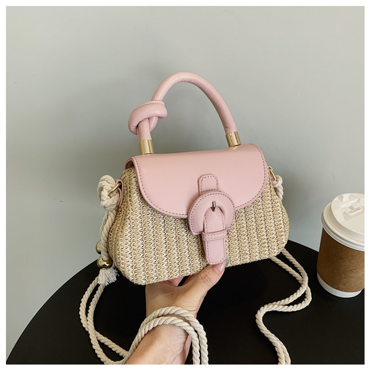 Women's Medium Straw Color Block Vacation Beach Weave Square Lock Clasp Straw Bag display picture 11