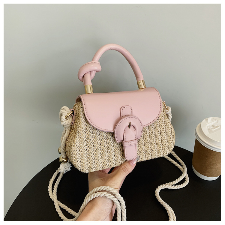 Vacation, Beach Style Women's Medium Straw Color Block Vacation Beach Weave Square Lock Clasp Straw Bag
