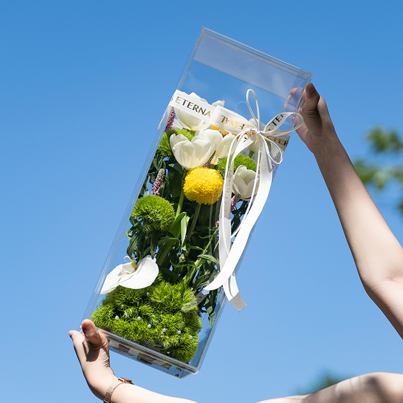 Caja de regalo de amor portátil de espejo personalizado al por mayor flores CD caja de flores de acrílico transparente caja de regalo de tapa de cesta de flores