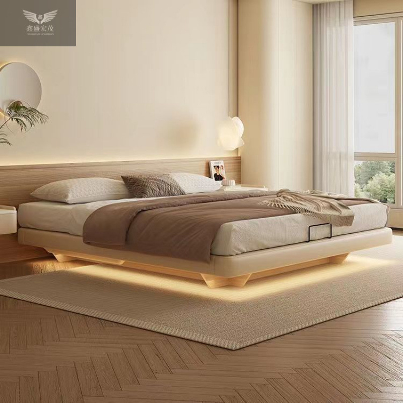 Sin cama, almacenamiento suspendido, cama con lámpara, cama principal de cuero simple moderno, cama grande sin respaldo, cama minimalista italiana