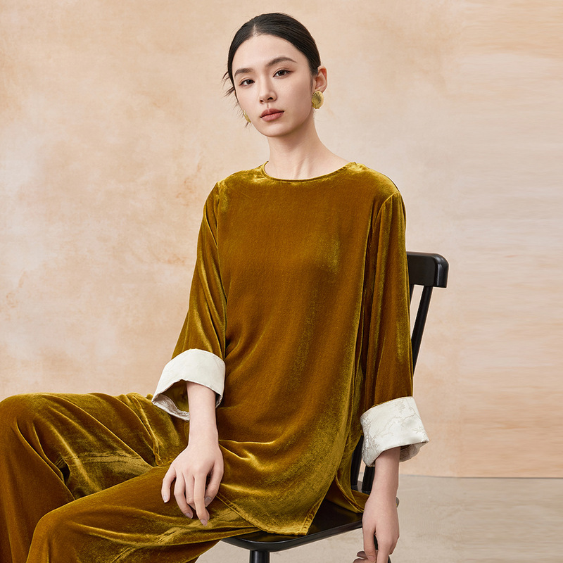 Spring New Chinoiserie Silk Velvet Top Casual Fashion Retro Shirt Mulberry Silk Retro Top for Women Wholesale