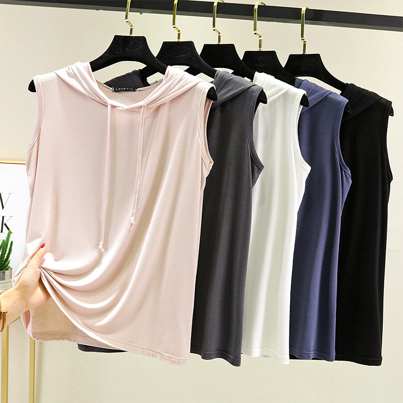 2023 Spring/Summer Thin Modal Vest for Women, Sleeveless Top, Plus Size Slimming Hooded T-Shirt, Loose Base Layer