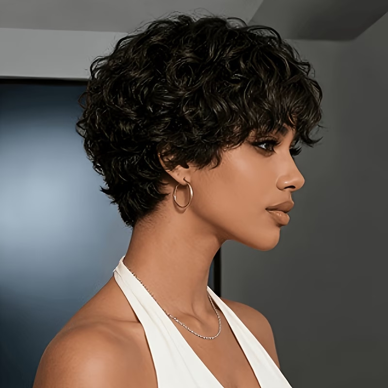Cross-Border African Women's Short Curly Pixie Wig, Small Curly Elf Short Hair, High-Temperature Synthetic Hair Full Wig