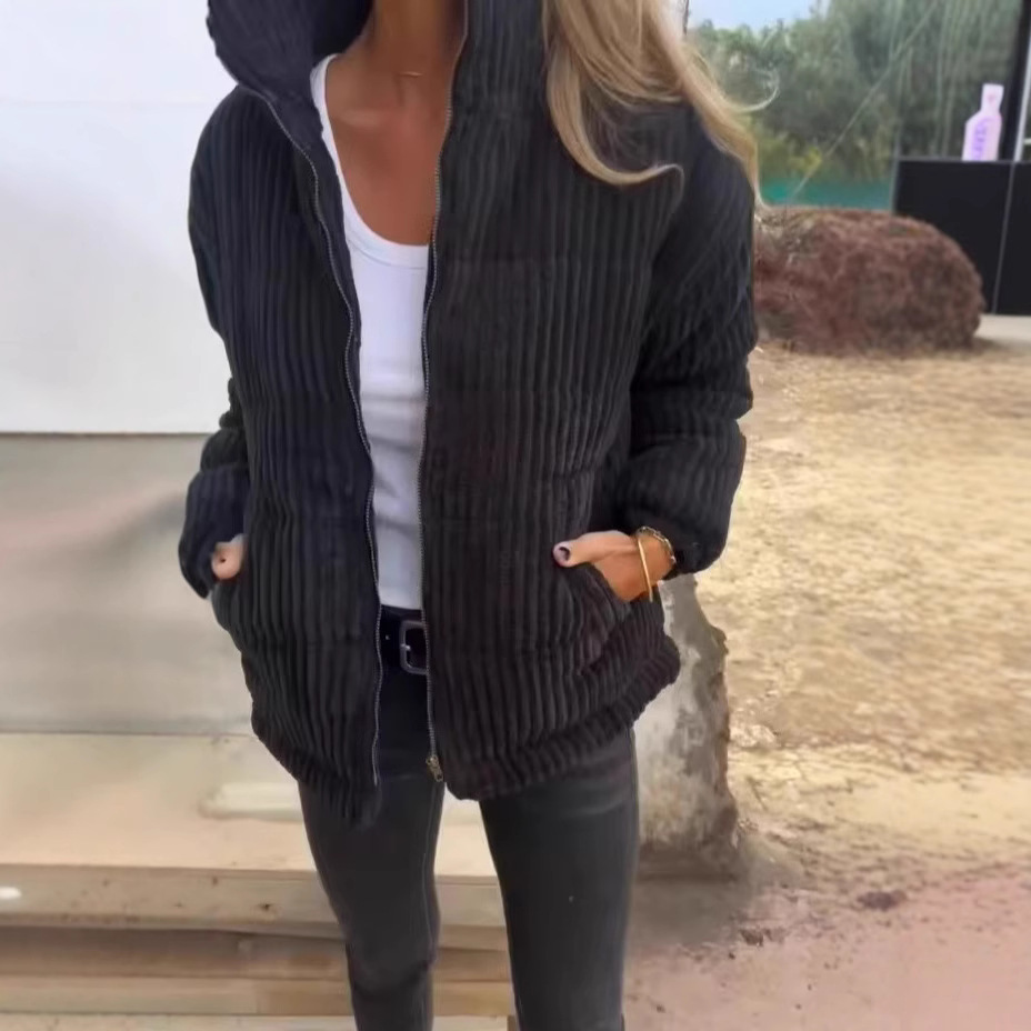 2024跨境外贸-独立站女装秋冬款灯芯绒立领长袖短款口袋夹克外套