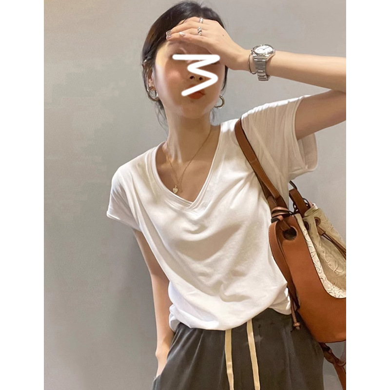 Solid Color V-neck Shoulder Short-sleeved T-shirt Women's Summer New Design Niche Pure Cotton Chic Base Shirt Top Trendy