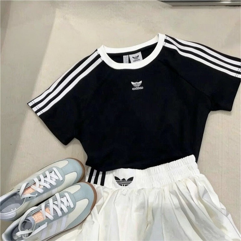 Clover Casual Three-Stripe Breathable Sports T-Shirt for Women, New Summer Korean Fashion Versatile Round-Neck Top