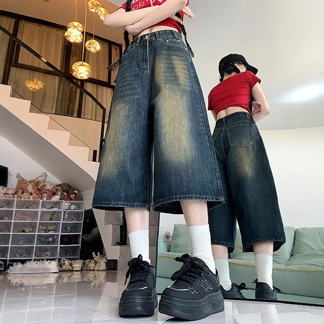 Wide-Leg Cropped Jeans for Women Who Are Slightly Fat, New Summer Products, High-Waisted, Loose, Retro, Versatile Straight-Leg Pants