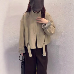 韩系格子2025拼接毛呢外套女秋冬高级感气质百搭立领单排扣上衣潮