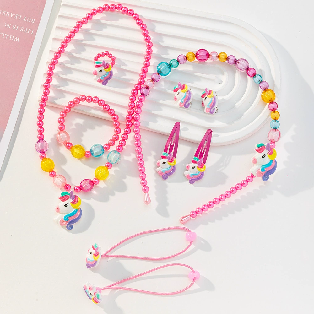 Оптовые Дети Единорог ожерелье серьги шпилька костюм из семи частей Ювелирные изделия Детский ювелирный костюм
