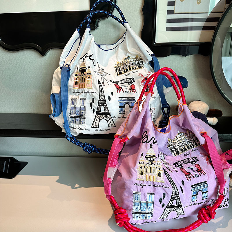 Nueva torre de hierro cadena de bolas bordado bolsa de compras de nylon de gran capacidad bolsa de mensajero del hombro bolsa de protección del medio ambiente portátil