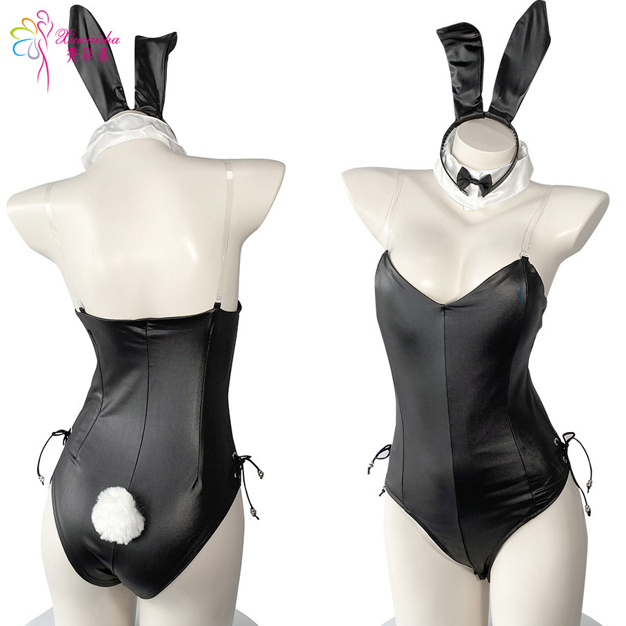 Bunny Roleplay Costume Set with Ears, Wrist Cuffs, Bow Tie, Bodysuit and Fishnet Stockings — detail image 7
