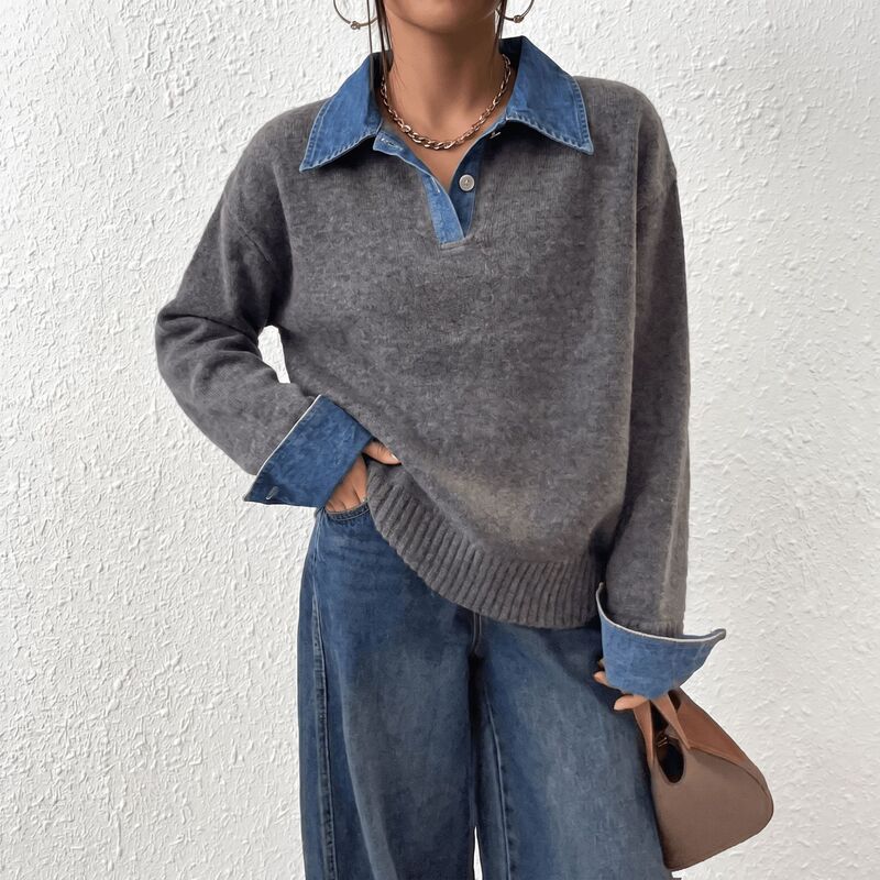Polo Collar Denim Sleeve Splicing Fake Two-Piece Sweater for Women Autumn and Winter 2026 New Fashion Knitwear Top