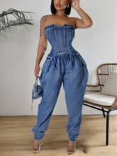 M 12153 Ins Patchwork High Elasticity Denim Jumpsuit ƴ��ţ