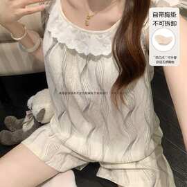 实拍夏季新款云朵棉带胸垫花边睡衣女韩系甜美吊带短裤家居服套装