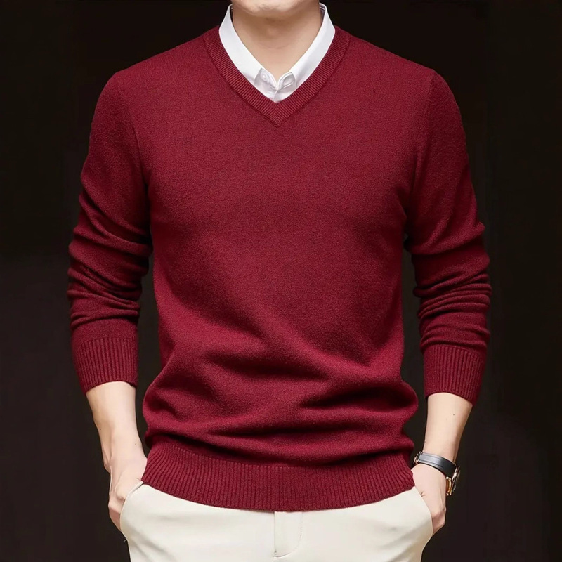 Autumn and Winter Pullover Men's New Slim Sweater Youth Pure Color Casual Business Men's Inner V Neck Bottoming Shirt