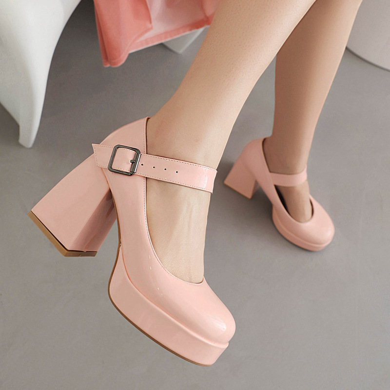Women's 2023 New Gloss Patent Leather Unisex Fashion Single Shoes Buckle Water Table Thick High Heels 32-46 Foreign Trade Shoes Women's 2023 New Gloss Patent Leather Unisex Fashion Single Shoes Buckle Water Table Thick High Heels 32-46 Foreign Trade Shoes