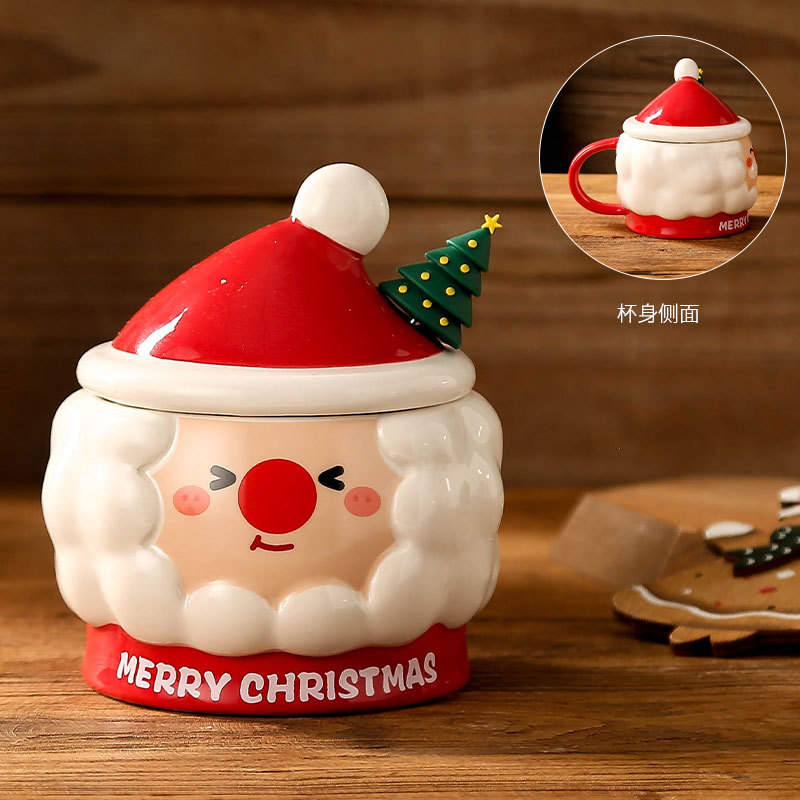 Taza de Navidad creativa taza de Navidad Santa Claus con tapa cuchara taza de regalo taza de regalo pintada a mano