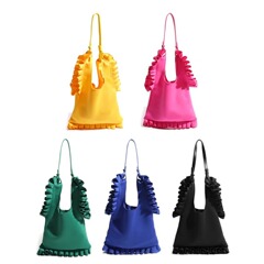 少女系日系木耳邊綢緞面單肩包2024新款春季荷葉邊褶皺手提包包