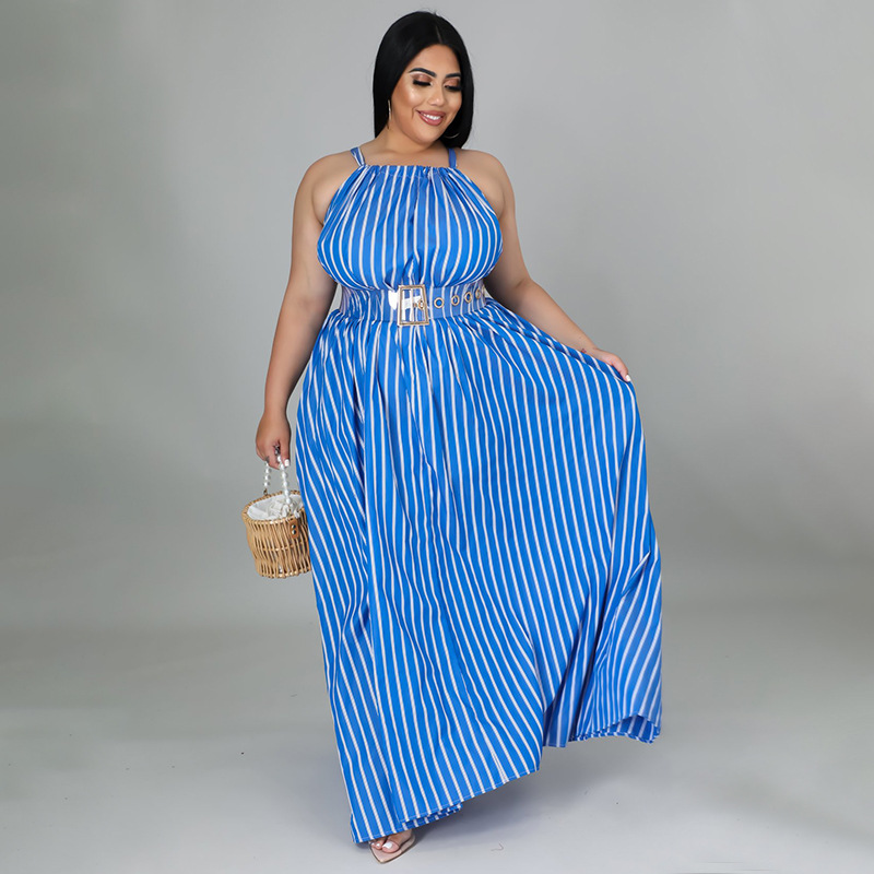 plus size Loose sleeveless lace-up striped Dress NSLNW122690