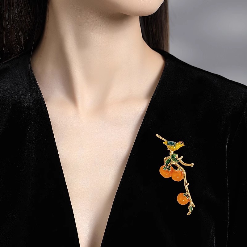 喜事连连喜鹊柿子胸针中国风古典旗袍固定别针女气质高档胸花配饰|undefined