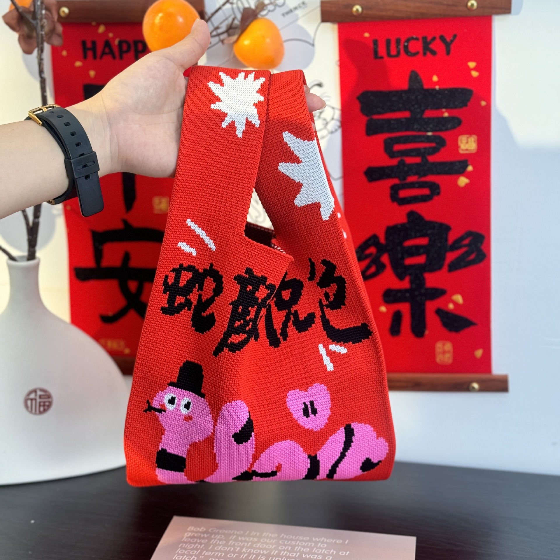 새해 테마 중국 빨간 니트 가방 선물 가방 빨간 축제 동반 선물 핸드백 회사 홍보 자료